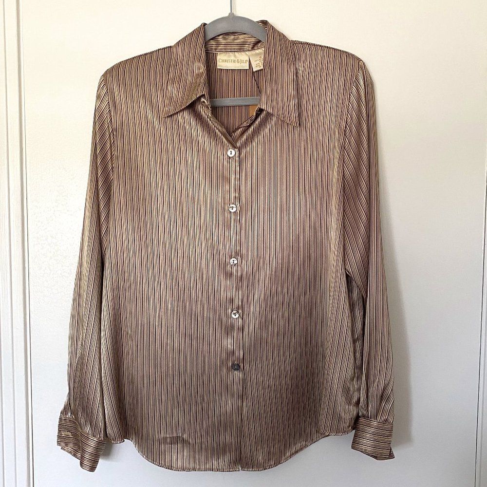 VINTAGE 80s Tan & Black Striped Button Down with Shoulder Pads - Size 10